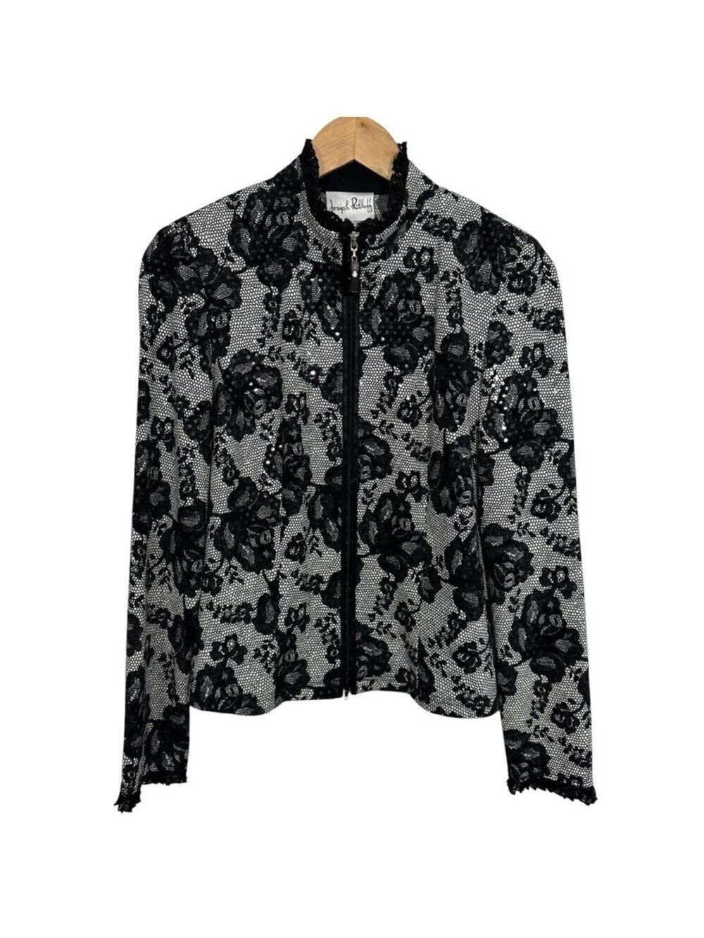 Vintage Joseph Ribkoff Floral Zip Top Womens 8 Black Sequin Lace Jacket Mature